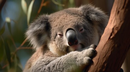 Obraz premium Cuddly koala napping in tree. AI generated