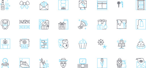 Obraz premium Adorning linear icons set. Embellishing, Accessorizing, Decorating, Festooning, Ornamenting, Bejeweling, Bedizening line vector and concept signs. Enhancing,Gilding,Luxuriating outline illustrations