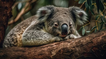 Obraz premium Cuddly koala napping in tree. AI generated