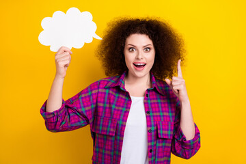 Photo of young girl eureka idea hold paper bubble cloud decision wear plaid shirt happy emotion...