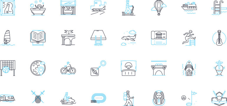 Physical hobbies linear icons set. Yoga, Running, Cycling, Swimming, Hiking, Climbing, Weightlifting line vector and concept signs. Boxing,Dancing,Martial arts outline illustrations