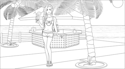 Spring Break Coloring Page with Female Character on a Beach Bar Background. Vector Illustration
