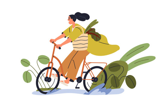 Happy Girl Riding Bicycle In Summer. Young Woman Cyclist With Tote Bag Cycling Bike After Green Shopping. Active Eco-friendly Lifestyle Concept. Flat Vector Illustration Isolated On White Background