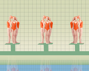 Young female swimming athletes in red swimsuits standing on starting blocks, ready to jump into pool and swim. Contemporary art collage. Concept of sport, retro style, creativity, fashion, activity.