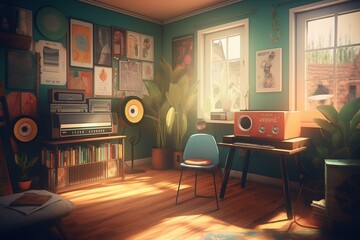Illustration of a retro room with desk, music posters, and colorful vinyl records. Generative AI