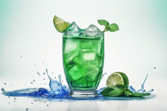 Green drink with mints and watercolors on white, splashed with blue and green. Generative AI