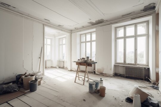 Preparation and renovation of an unfinished white room in an apartment. Generative AI