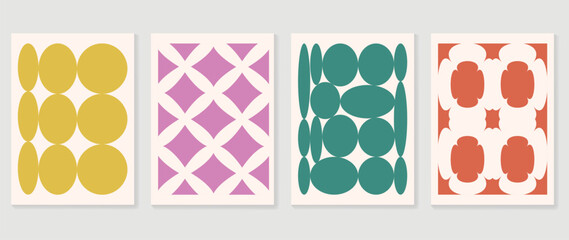 Fototapeta premium Retro geometric shapes cover background. Set of contemporary art wall decoration with flower, sparkle, circle pattern. Geometric posters in trendy illustrated design for cover, banner, print, fabric.