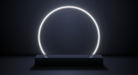 Realistic vector podium with neon glowing effect. Pedestal for product presentation, showroom, black stand display.