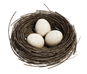 Naklejka na ściany i meble Three bird eggs inside bird's nest on transparent background. 3D illustration