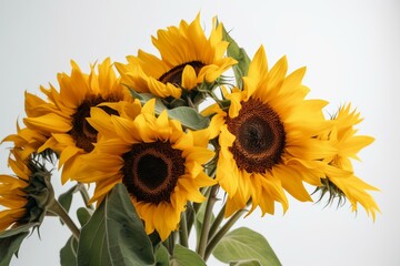 Isolated sunflower bouquet on white background. Flat lay with copy space. Generative AI