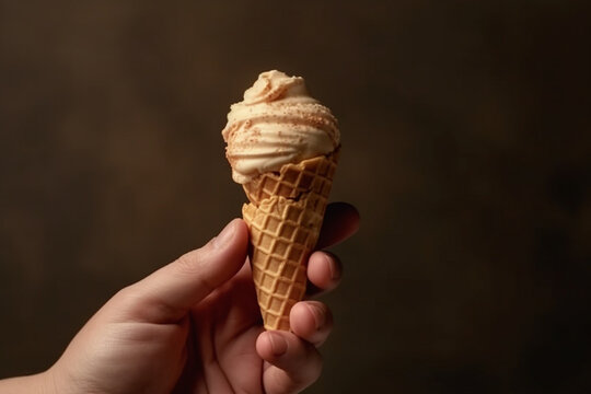 Ice cream cone in a hand. Hand holding an ice-cream waffle cone, closeup, space for text. AI generated image