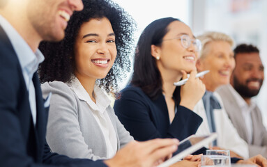 Conference panel, portrait and happy woman, business audience or director smile for trade show, meeting or idea pitch. Female person, listening and row of boardroom people at presentation speech