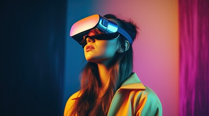 Beautiful young woman using virtual reality headset. Future technology concept.Generative Ai