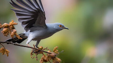 photo of flying cuckoo bird animal with blur background