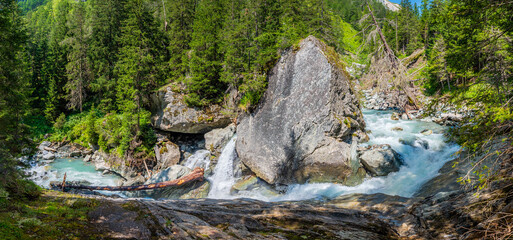 Wild rapids on the Dorferbach river in Hohe Tauern national park in Austria.