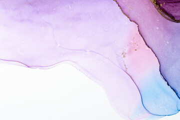 Abstract alcohol ink fluid art background. Violet and pink color with gold