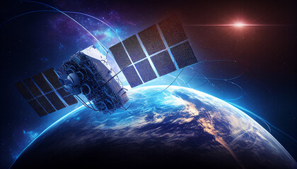 Navigation Satellit Weltall, Raumfahrt Technologie, schnelles Internet durch 5g Satellit, Generative AI  - obrazy, fototapety, plakaty