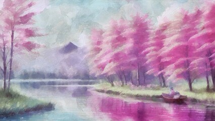 Fototapeta na wymiar Landscape with lake and forest. Digital watercolor painting on canvas.