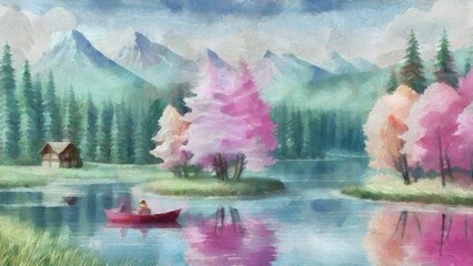 Landscape with lake and forest. Digital watercolor painting on canvas.