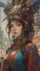 Illustration of a Fantasy woman and abstract art, AI Generated