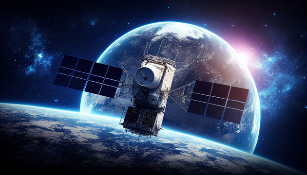 Satellit im Weltall, Weltraum mit Erdumlaufbahn , Wettersatellit, Vorhersage, 5g Satelliten, Generative AI 