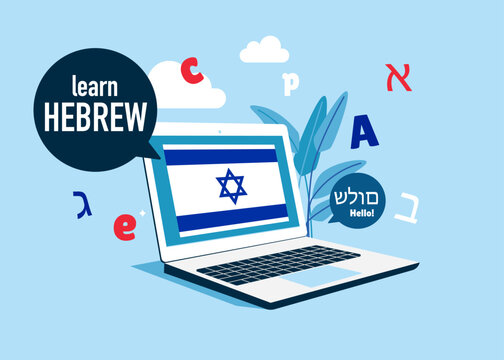 Online education. Language school online Hebrew course. Study foreign languages with native speaker. Vector illustration.