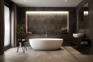 Naklejka na ściany i meble Modern bathroom with gray tones, heated floors and freestanding tub. Created using 3D rendering technology. Generative AI