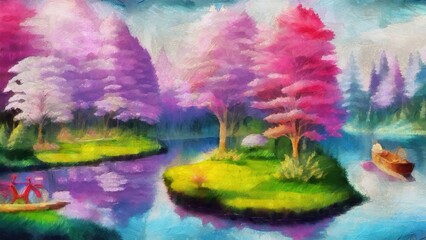 Pine trees on the background of a lake and mountains. Digital painting.
