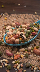 Assorted different types of beans and cereals grains. Set of indispensable sources of protein for a healthy lifestyle. Everyday use at Indian households.