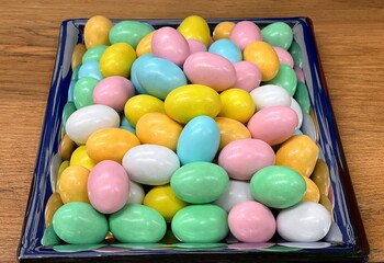 Candy sweets eggs colorful tasty food chocolate glazed almonds.
