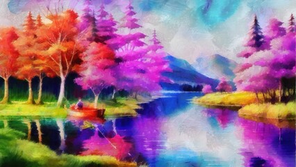 Beautiful landscape with lake, forest and mountain. Digital painting.