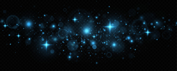 Blue confetti and shiny stars. Christmas light concept. Sparkling space blue magical dust particles.