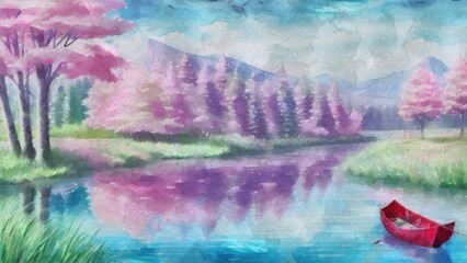 Beautiful landscape with lake, forest and mountain. Digital painting.