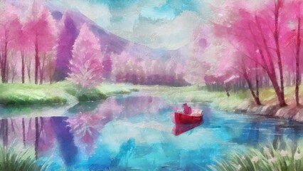 Rural landscape with a lake, a boat and a forest. Digital painting.