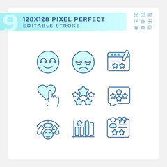 Customer reaction on content pixel perfect RGB color icons set. Evaluation of service. Customer experience. Isolated vector illustrations. Simple filled line drawings collection. Editable stroke