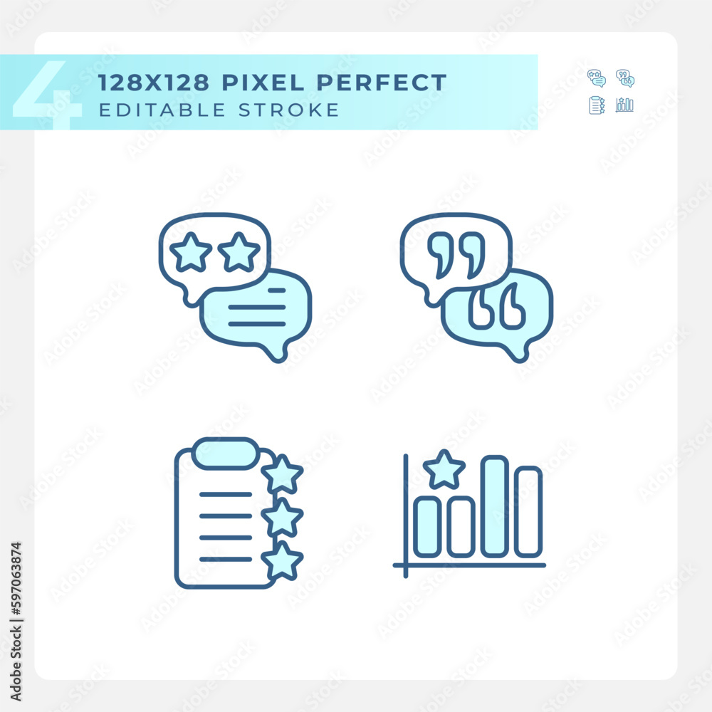 Poster business rating analysing pixel perfect rgb color icons set. studying users reaction. service improv