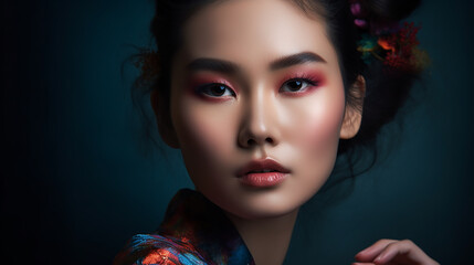 Fototapeta premium A young woman's portrait framed by shadows, her intense gaze and rich makeup exuding a modern elegance.