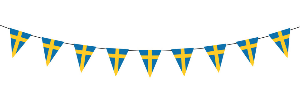 Sweden National Day, bunting garland with Swedish pennants, blue and yellow, string of triangular flags, vector decorative element