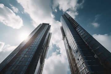 Fototapeta na wymiar Tall contemporary towers against blue sky with clouds. Generative AI