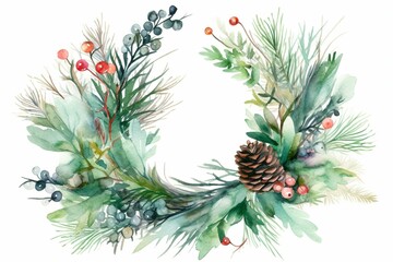 Watercolor wreath of winter plants in green with pine cone, fir, eucalypt, berries, mistletoe. Elegant for wedding or business. Generative AI