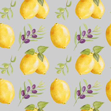 Watercolor Lemon Olive pattern. Seamless pattern with Lemons and Olive Branches. The illustration is hand drawn.