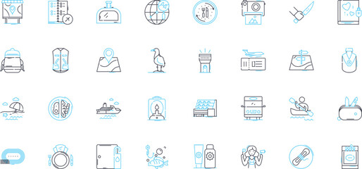 Obraz premium Spare time linear icons set. Relaxing, Hobbies, Leisure, Entertainment, Fun, Playful, Recreation line vector and concept signs. Amusement,Diversion,Pursuits outline illustrations Generative AI