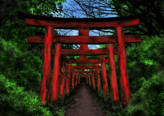 晴れた昼間の森の中の神社の連なった赤い鳥居