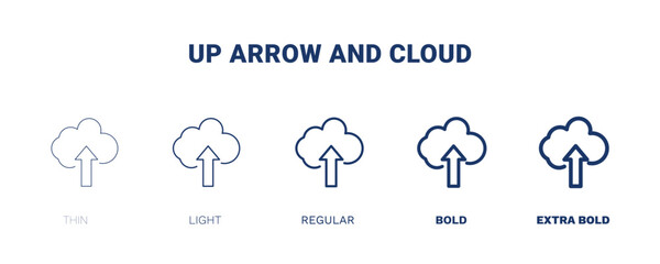 up arrow and cloud icon. Thin, light, regular, bold, black up arrow and cloud icon set from tools and utensils collection. Outline vector. Editable up arrow and cloud symbol can be used web and mobile