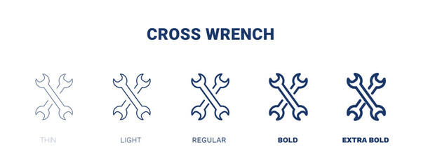 cross wrench icon. Thin, light, regular, bold, black cross wrench icon set from tools and utensils collection. Outline vector. Editable cross wrench symbol can be used web and mobile