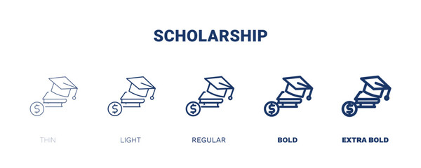 scholarship icon. Thin, light, regular, bold, black scholarship icon set from distance learning collection. Editable scholarship symbol can be used web and mobile