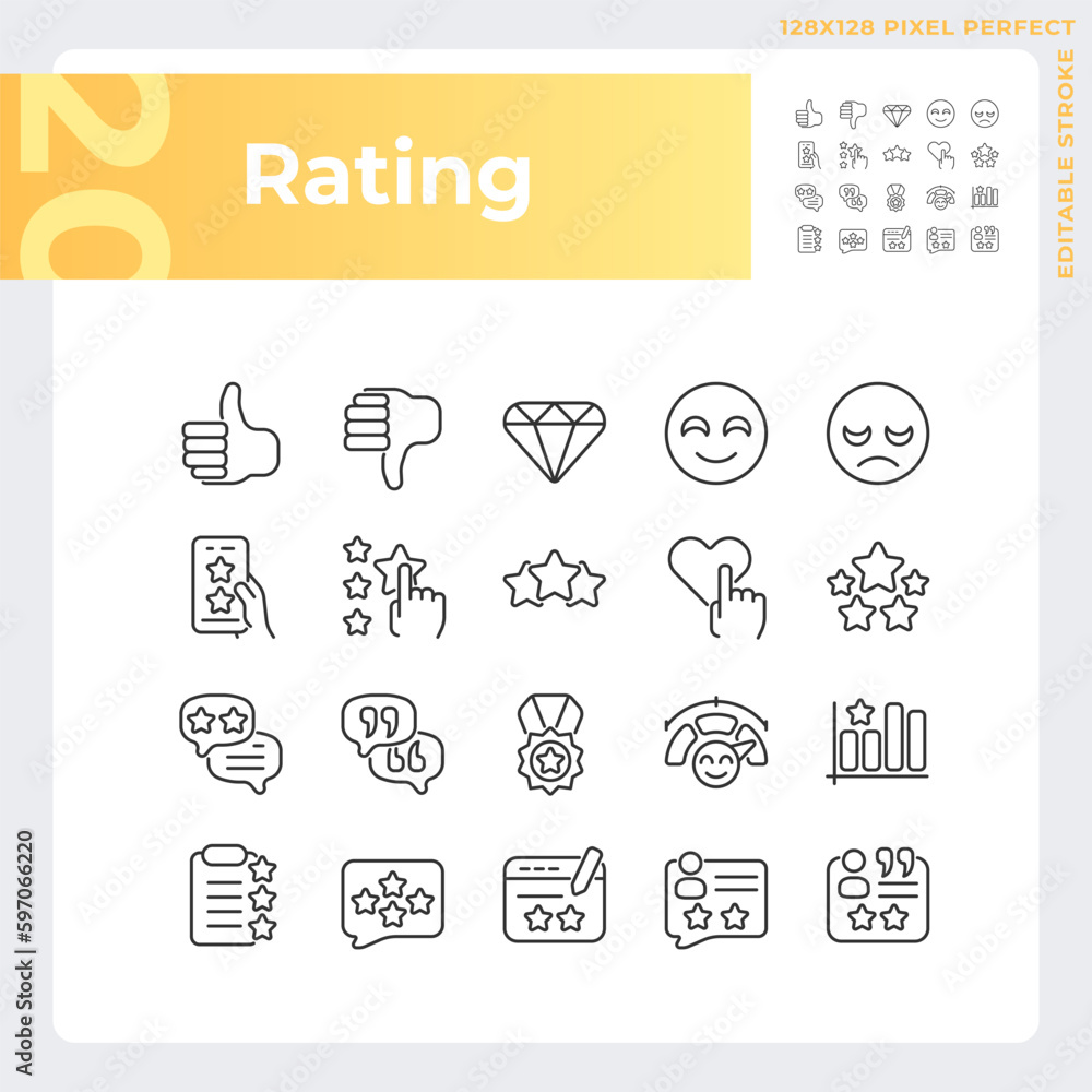 Poster rating pixel perfect linear icons set. service evaluation process. customer experience sharing. cust