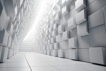 3D white wall made with futuristic rectangular tiles. Generative AI