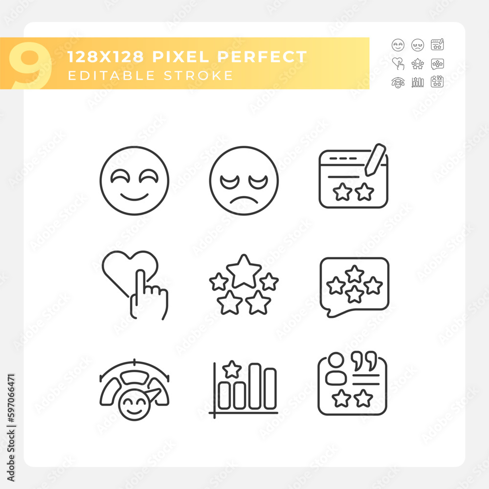 Poster customer reaction on content pixel perfect linear icons set. evaluation of service. customer experie